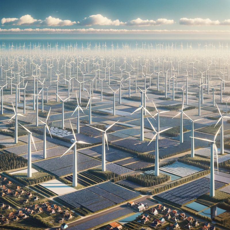 Landschap vol windturbines en zonnepanelen